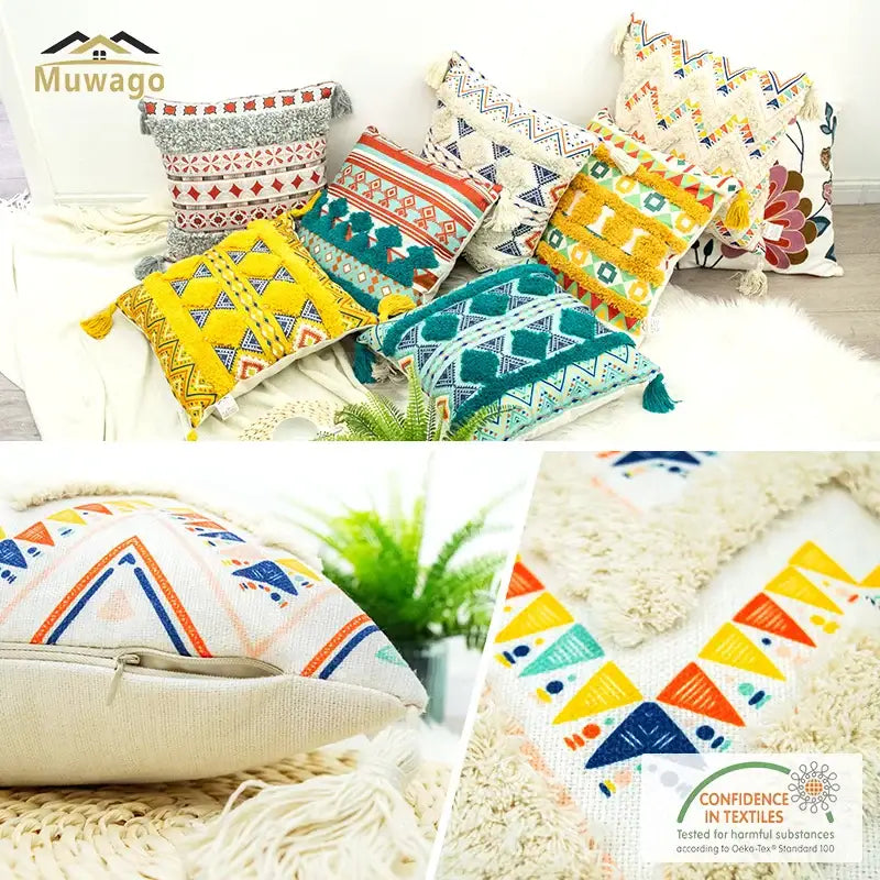 Bohemian floral throw pillow cover with vibrant geometric patterns in yellow teal and red natural fiber weave decorbites pillow cover
