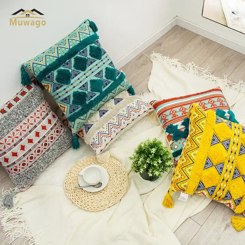 Vibrant decorbites bohemian floral throw pillow cover with geometric pattern tassels in teal yellow and red for living room decor