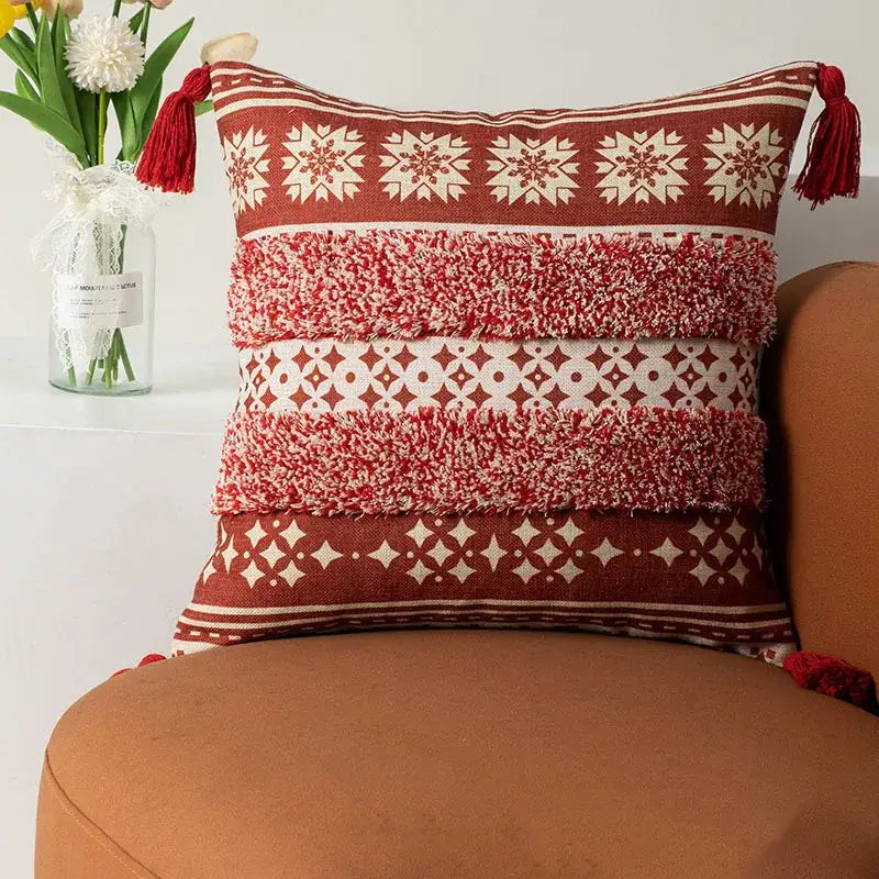Red and cream patterned pillow cover with textured fringed stripes and tassels for decorbites bohemian floral throw decor