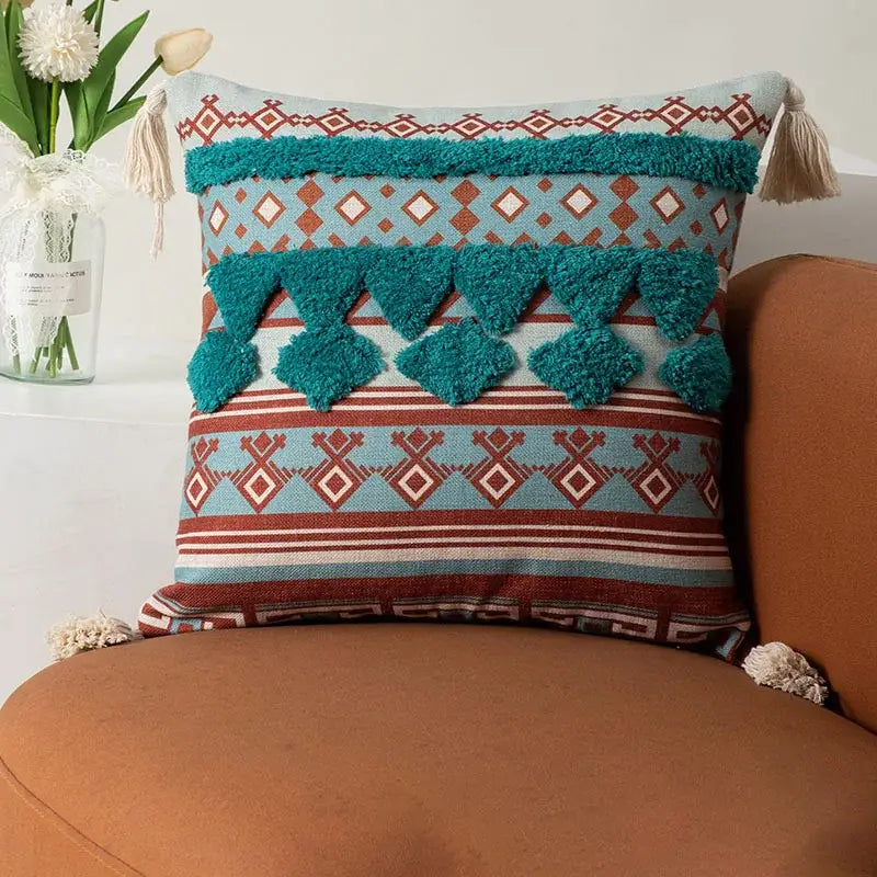 Teal and rust-colored woven pillow cover with textured tassels bohemian floral throw for living room decorbites bohemian floral