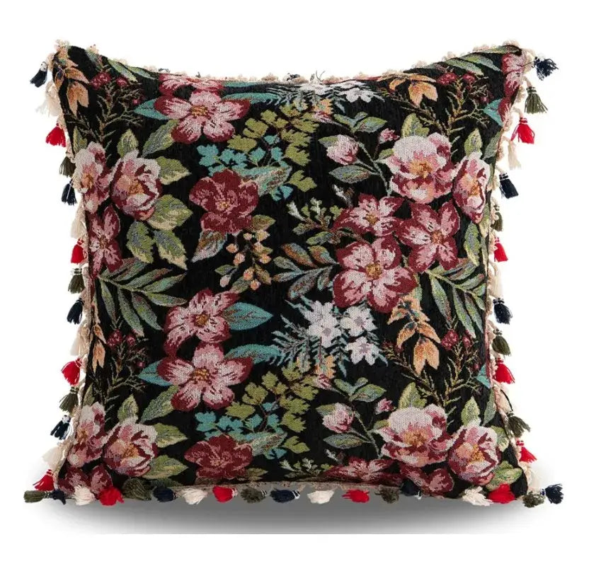 Black bohemian flower cushion cover with embroidered pink red green floral pattern and colorful tassels for living room decorbites bohemian flower