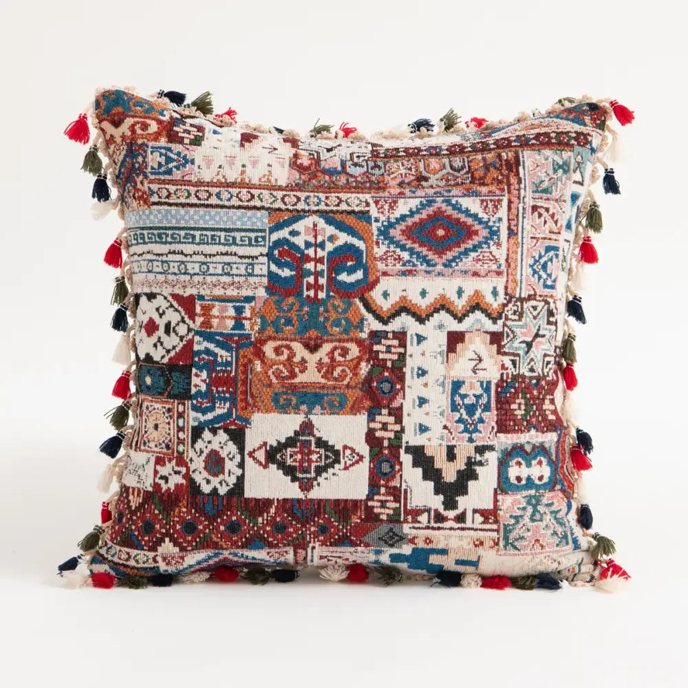 Bohemian flower cushion cover with colorful geometric tribal patterns and multicolored tassels for stylish living room decorbites bohemian flower cushion