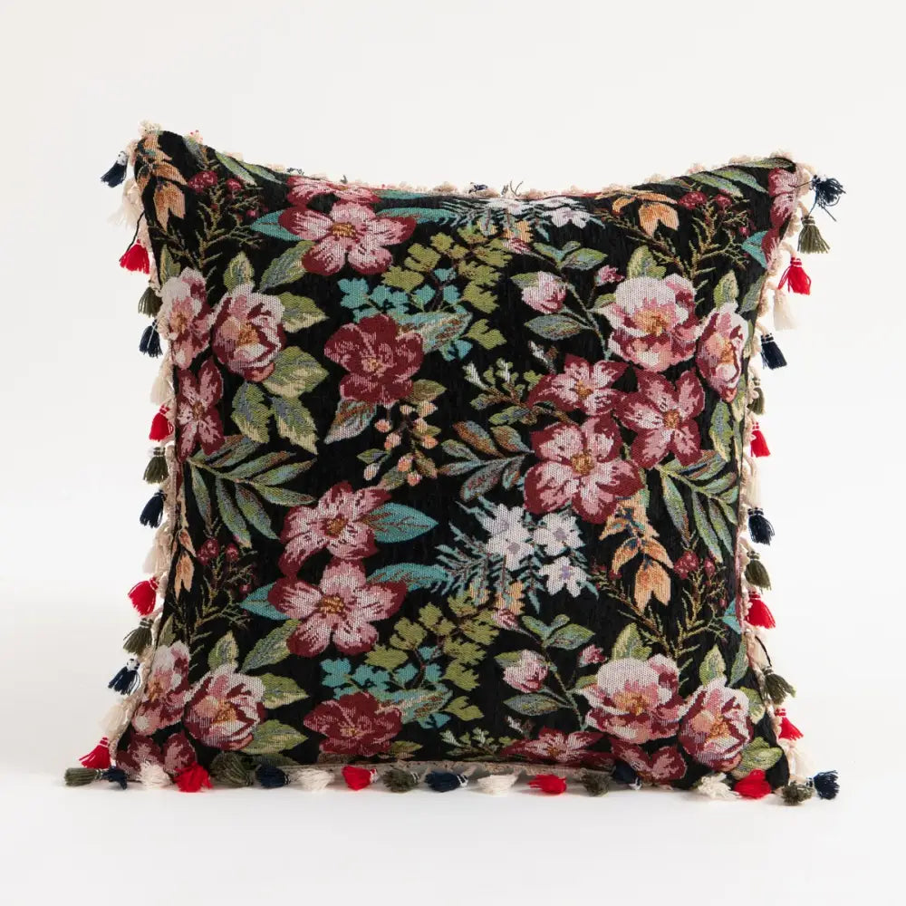 Black tapestry bohemian flower cushion cover with embroidered pink red white flowers and colorful tassels for living room decorbites