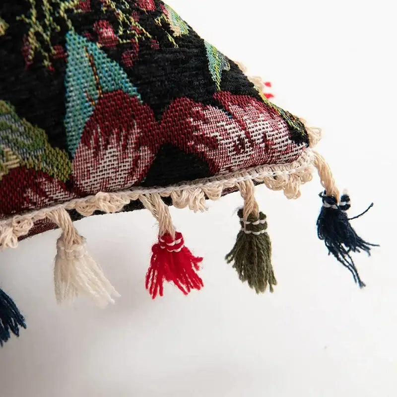 Decorbites bohemian flower black cushion cover with embroidered red teal green floral patterns and multicolored tassels fringe