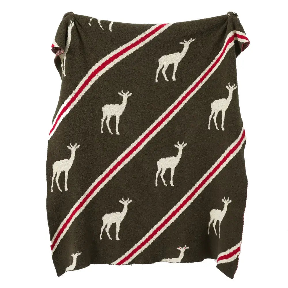 Olive green bohemian flower knitted throw blanket with white deer silhouettes and red and white striped bands decorbites bohemian flower