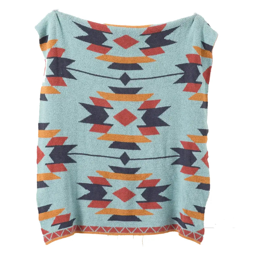Turquoise throw blanket with bold red orange and black tribal geometric pattern for decorbites bohemian flower decor