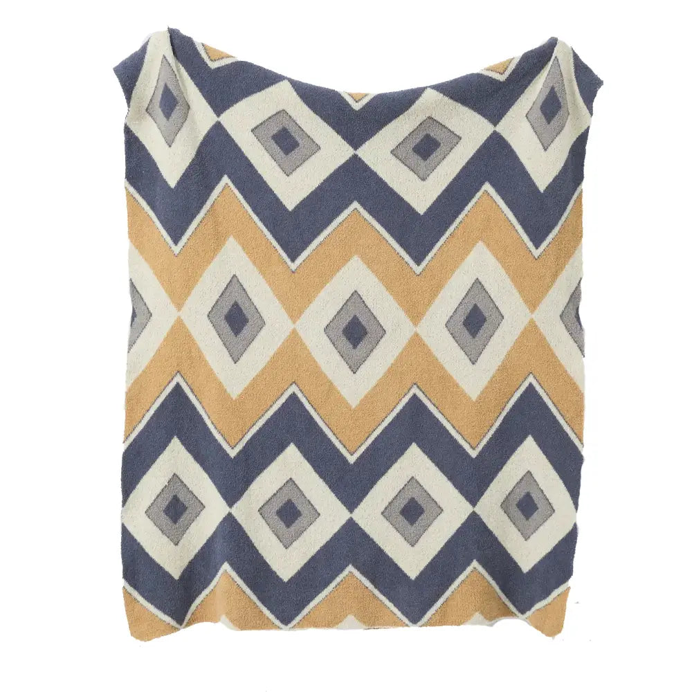 Bohemian flower knitted throw blanket in cream with navy blue, mustard yellow zigzag and diamond decorbites bohemian flower design