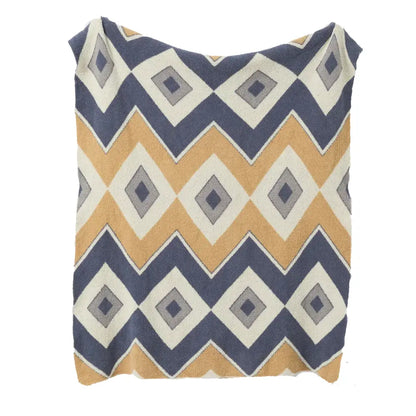 Bohemian flower knitted throw blanket in cream with navy blue, mustard yellow zigzag and diamond decorbites bohemian flower design