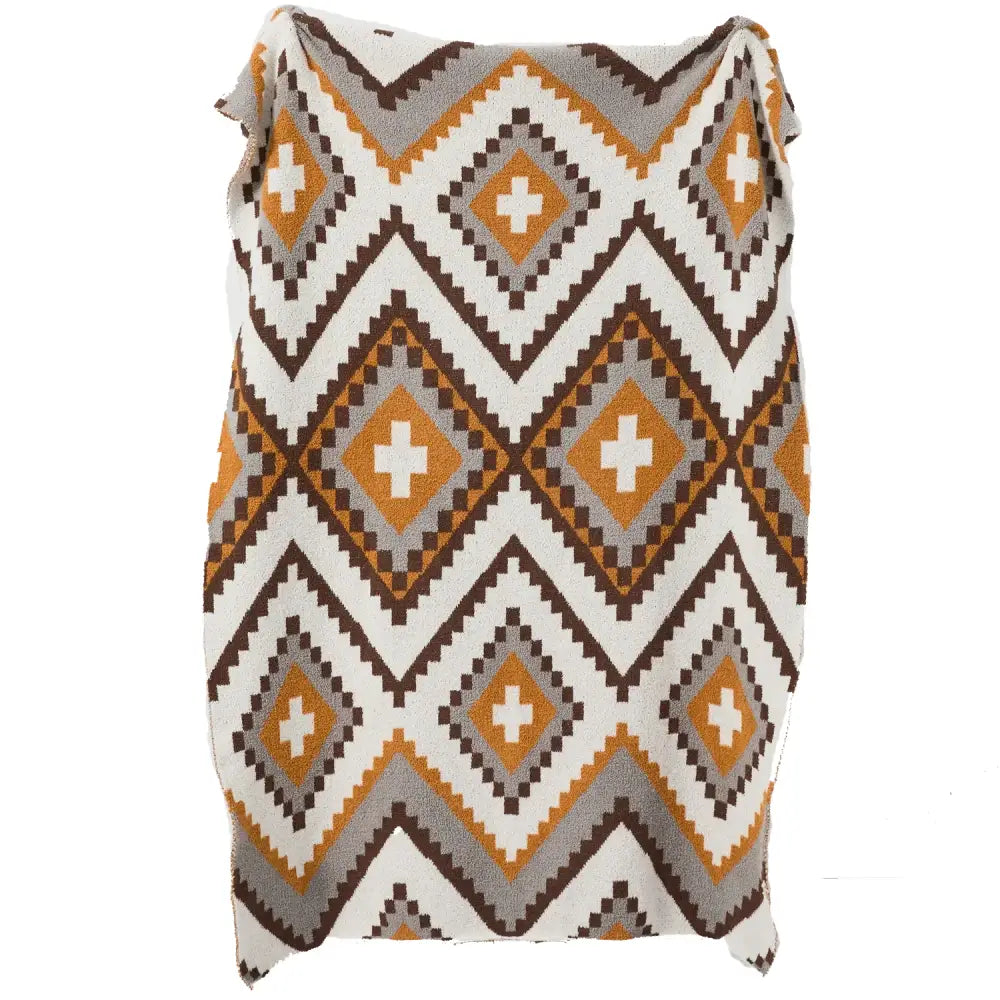 Cozy bohemian flower knitted throw blanket in cream with bold white orange gray and brown geometric pattern decorbites throw blanket