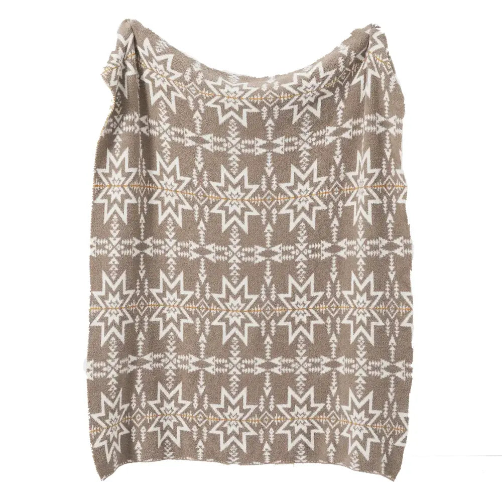 A cozy taupe bohemian flower knitted throw blanket with white and beige starburst decorbites pattern for bedroom decor
