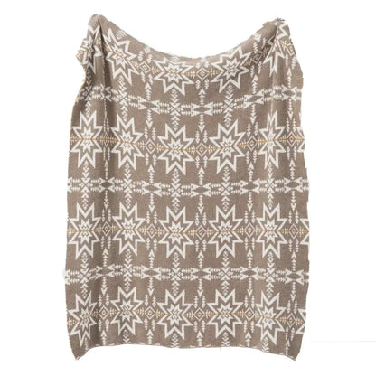 A cozy taupe bohemian flower knitted throw blanket with white and beige starburst decorbites pattern for bedroom decor