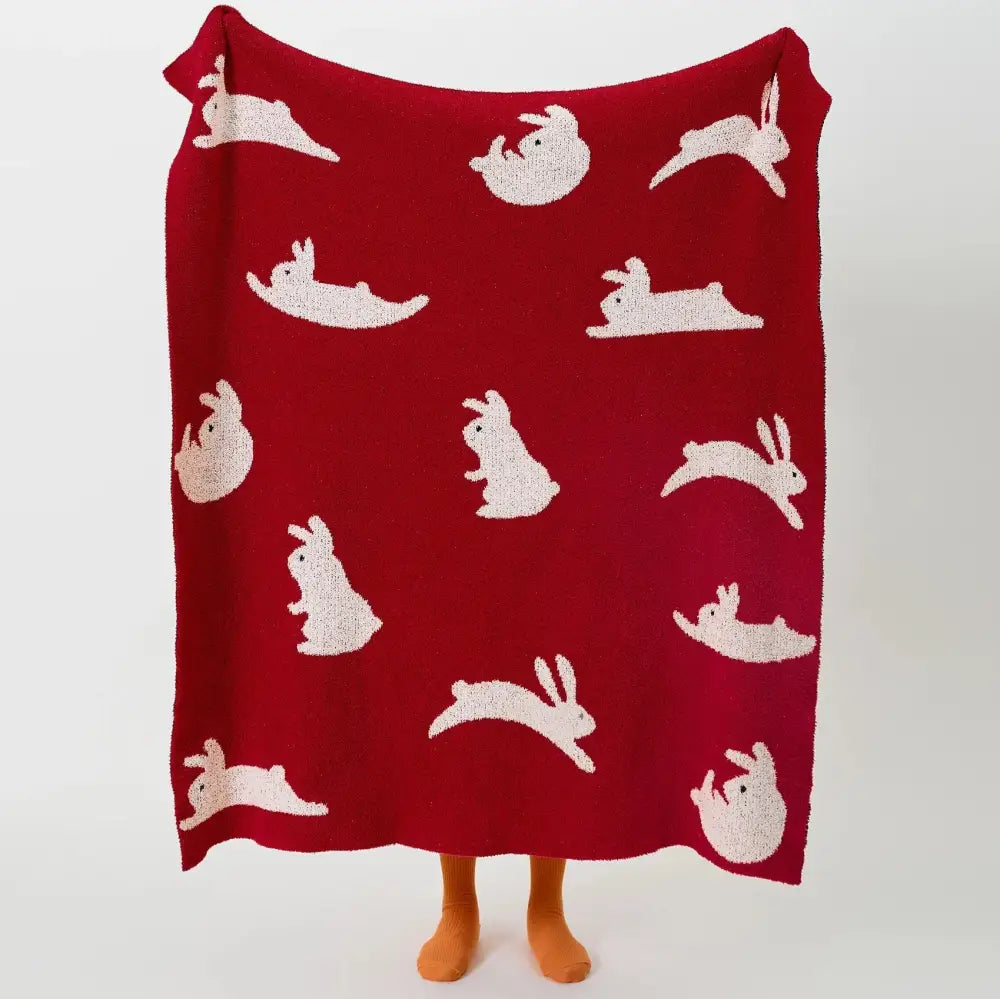 Cozy red knitted throw blanket with white rabbit pattern for decorbites bohemian flower knitted bedroom decor