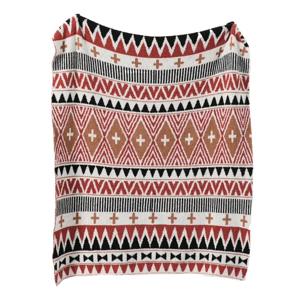 Bohemian flower knitted throw blanket with bold geometric patterns in red black white and tan for bedroom decor
