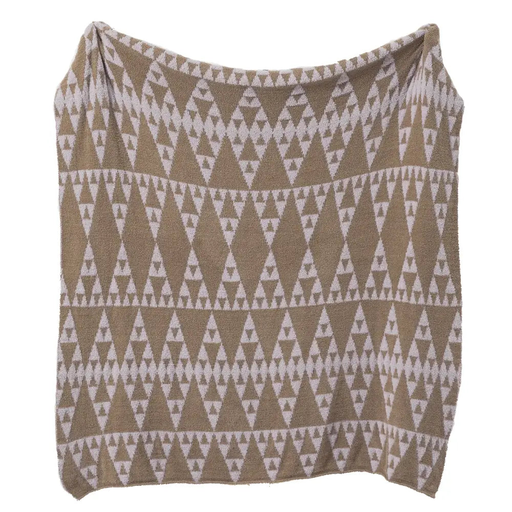 A soft beige and white geometric-patterned bohemian flower knitted throw blanket with textured woven design decorbites