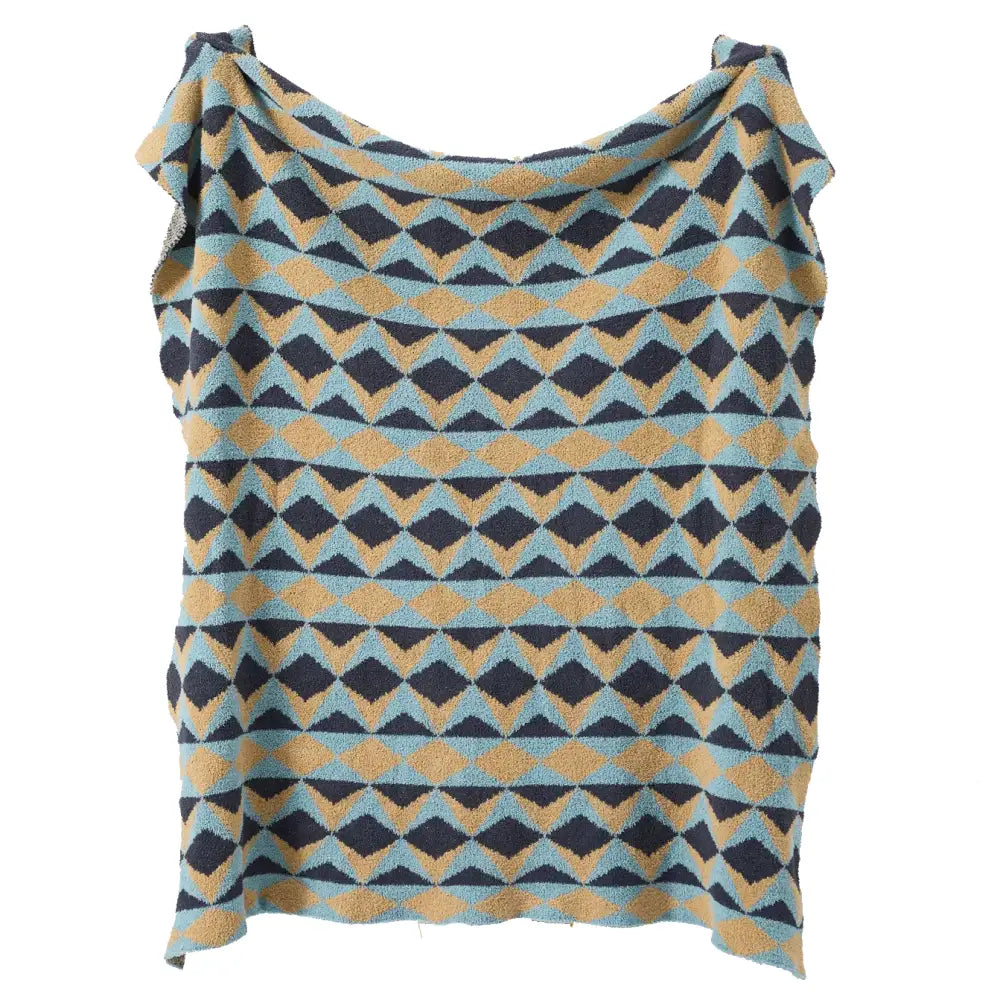 Bohemian flower knitted throw blanket with a soft textured towel featuring a geometric light blue and mustard diamond pattern