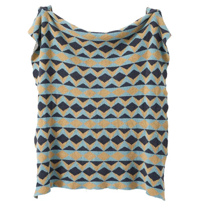 Bohemian flower knitted throw blanket with a soft textured towel featuring a geometric light blue and mustard diamond pattern