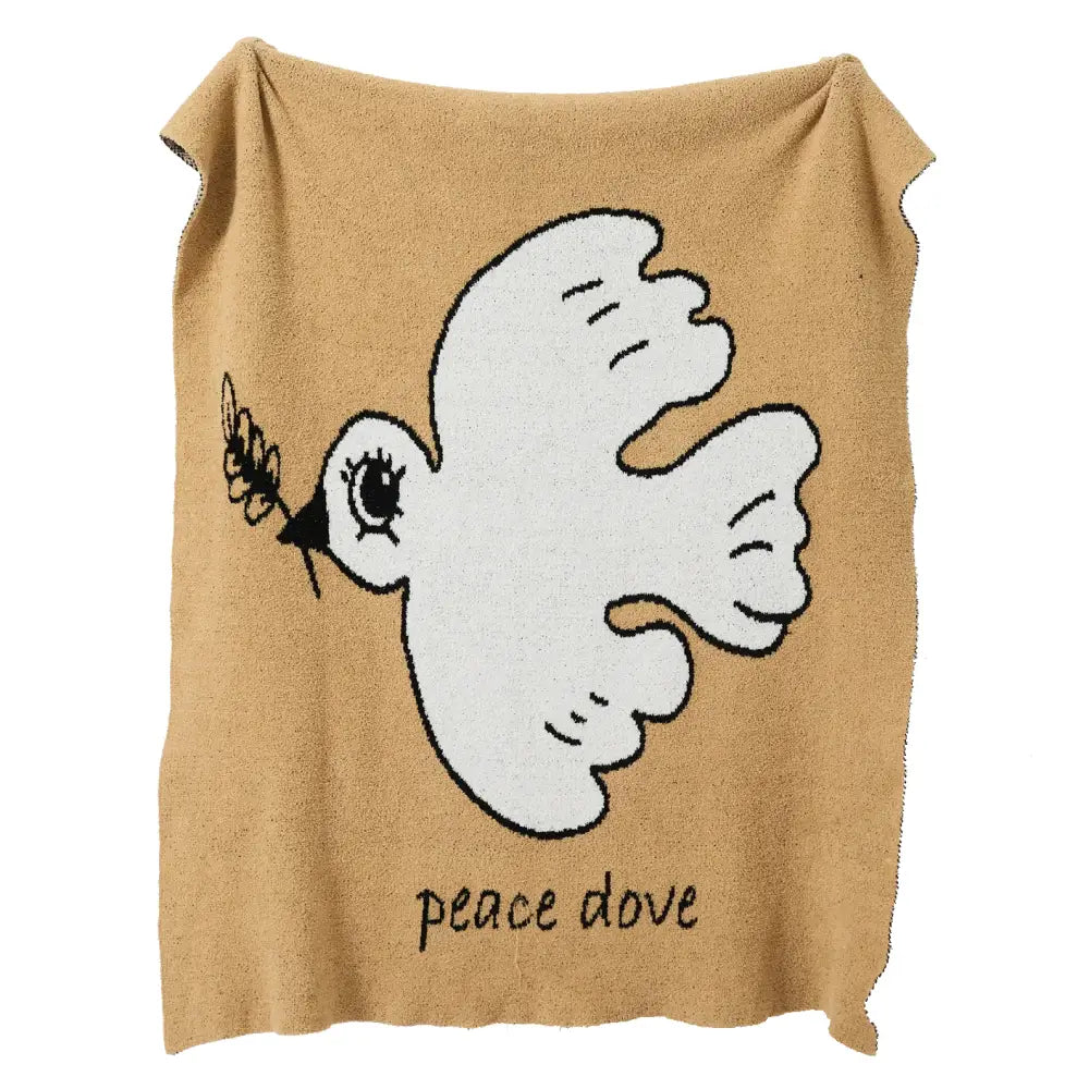 Tan throw blanket with white stylized peace dove black outlines from decorbites bohemian flower knitted collection for bedroom decor