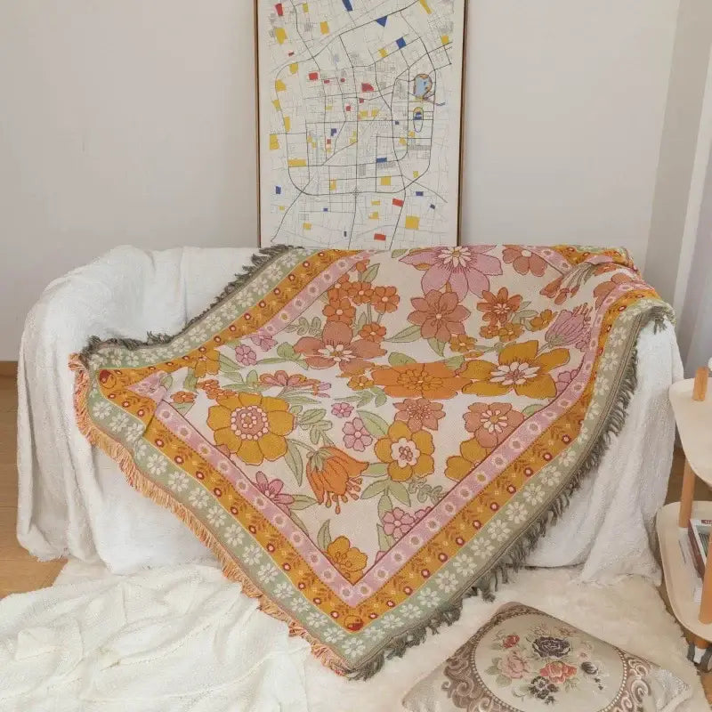 Cozy decorbites bohemian flowers sofa blanket with cream base vibrant floral design and soft fringe for living room decor