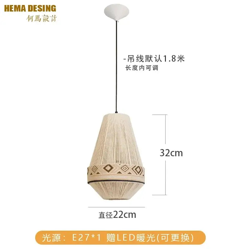 Beige woven bohemian fringe pendant lamp with geometric band and black cord for dining room lighting