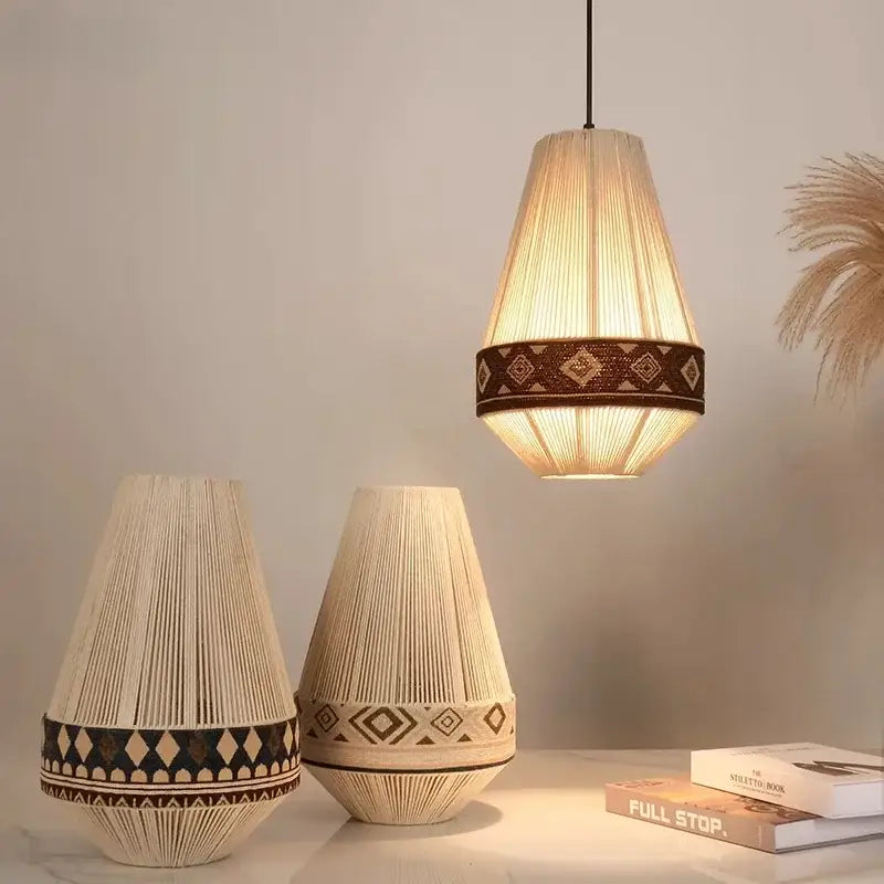 Beige woven bohemian fringe pendant lamp with geometric patterned band for dining room lighting
