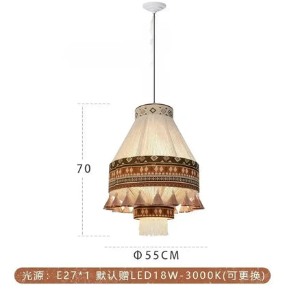 Beige and brown bohemian fringe pendant lamp with intricate geometric patterns and woven tassels for dining room lighting