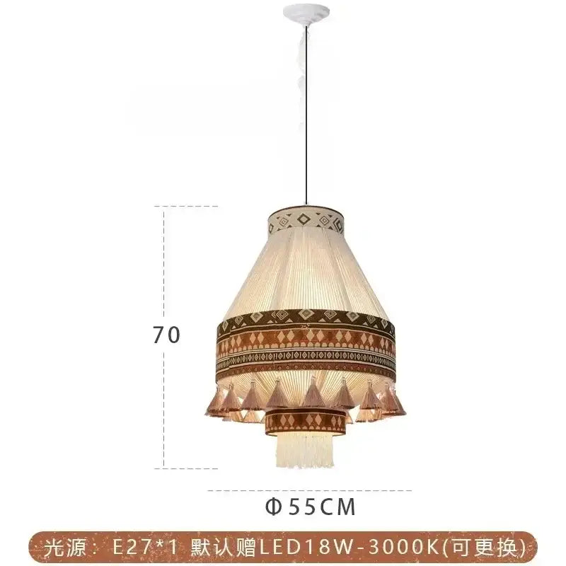 Beige and brown bohemian fringe pendant lamp with intricate geometric patterns and woven tassels for dining room lighting