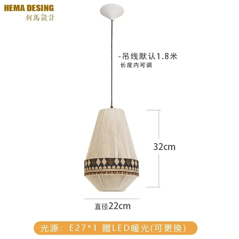 Beige cone-shaped bohemian fringe pendant lamp with geometric patterned band and white ceiling fixture for dining room