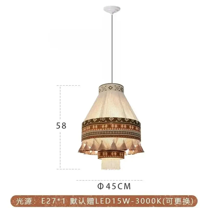 Beige and brown patterned bohemian fringe pendant lamp with woven fabric shade and tassels for dining room lighting