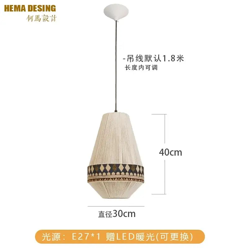 Cream-colored woven bohemian fringe pendant lamp with geometric band and adjustable cord for dining room lighting