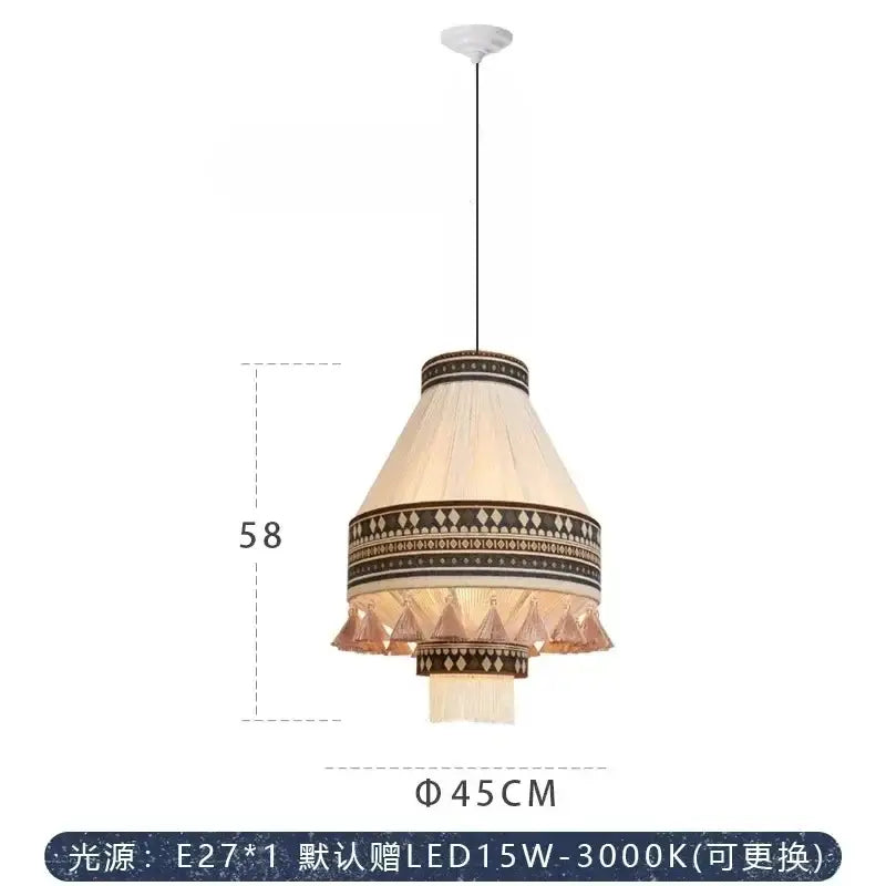 A cream-colored bohemian fringe pendant lamp with black geometric patterns and crystal-like tassels for dining room