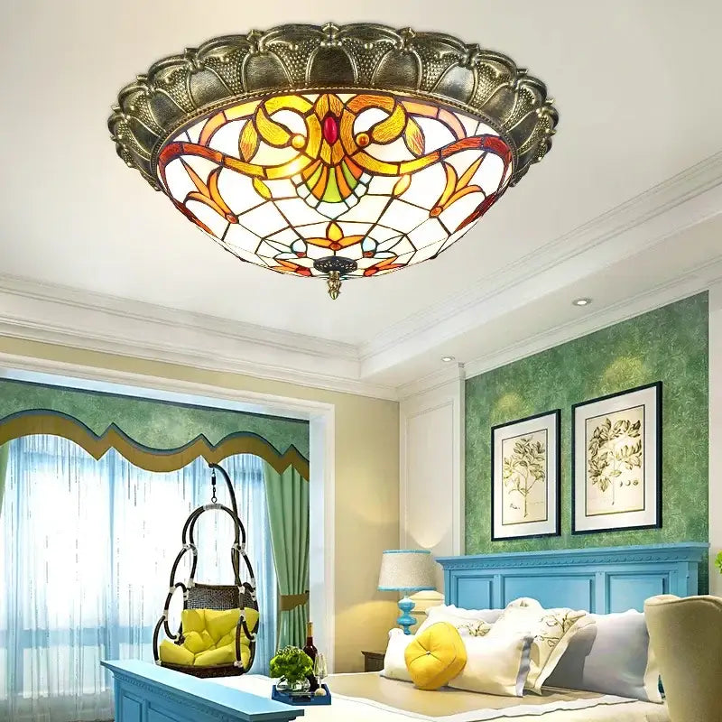 Bohemian glass ceiling light with amber stained glass floral patterns in ornate metallic frame for bedroom decorbites bohemian glass ceiling