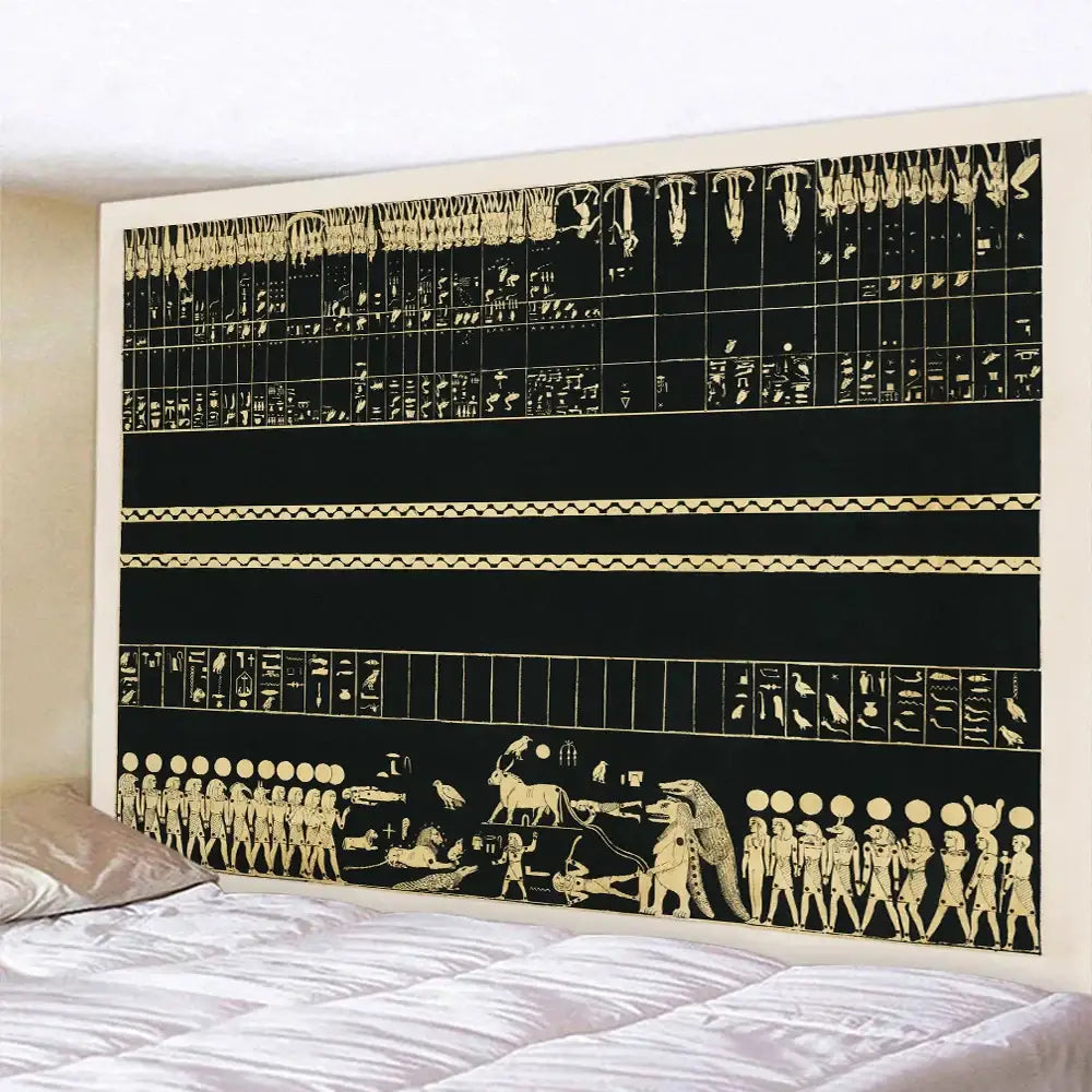 Black and gold egyptian mural tapestry with hieroglyphics and figures for bohemian bedroom or yoga mat use