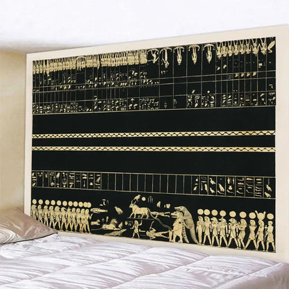 Black and gold egyptian mural tapestry with hieroglyphics and figures for bohemian bedroom or yoga mat use
