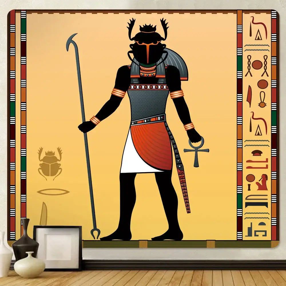 Bohemian gold and red egyptian mural tapestry with khepri design and bold black accents on warm yellow background