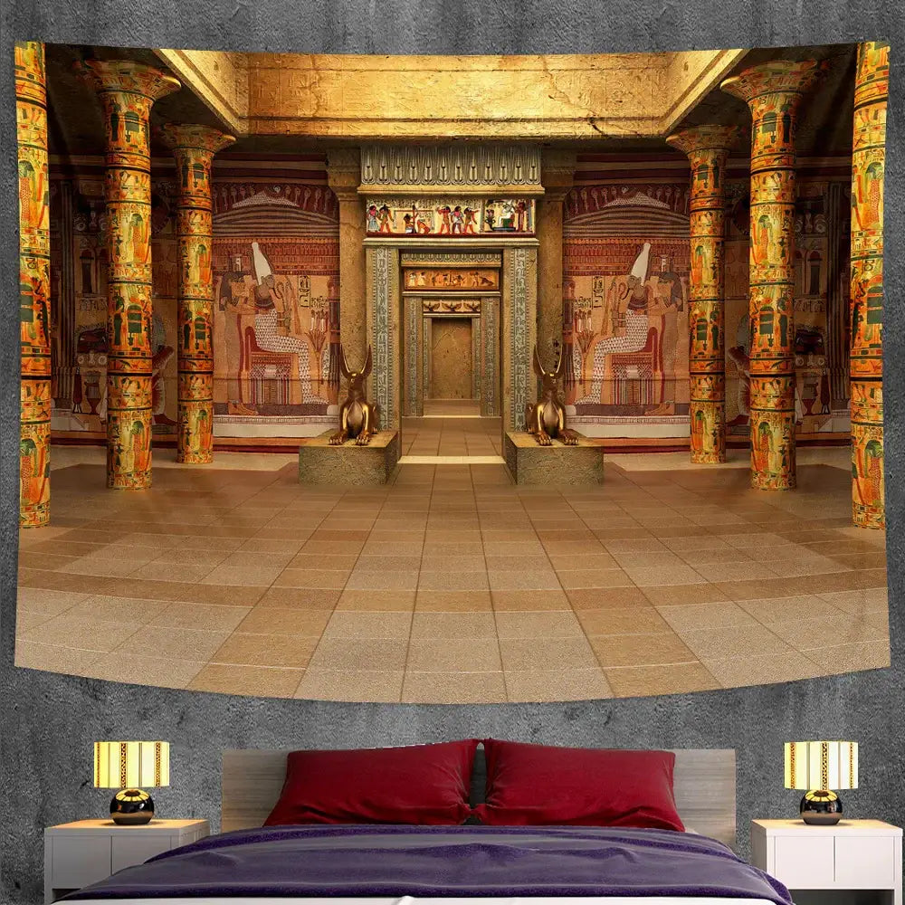 Bohemian gold and red egyptian mural tapestry with hieroglyphic designs on ornate columns for bedroom yoga mat