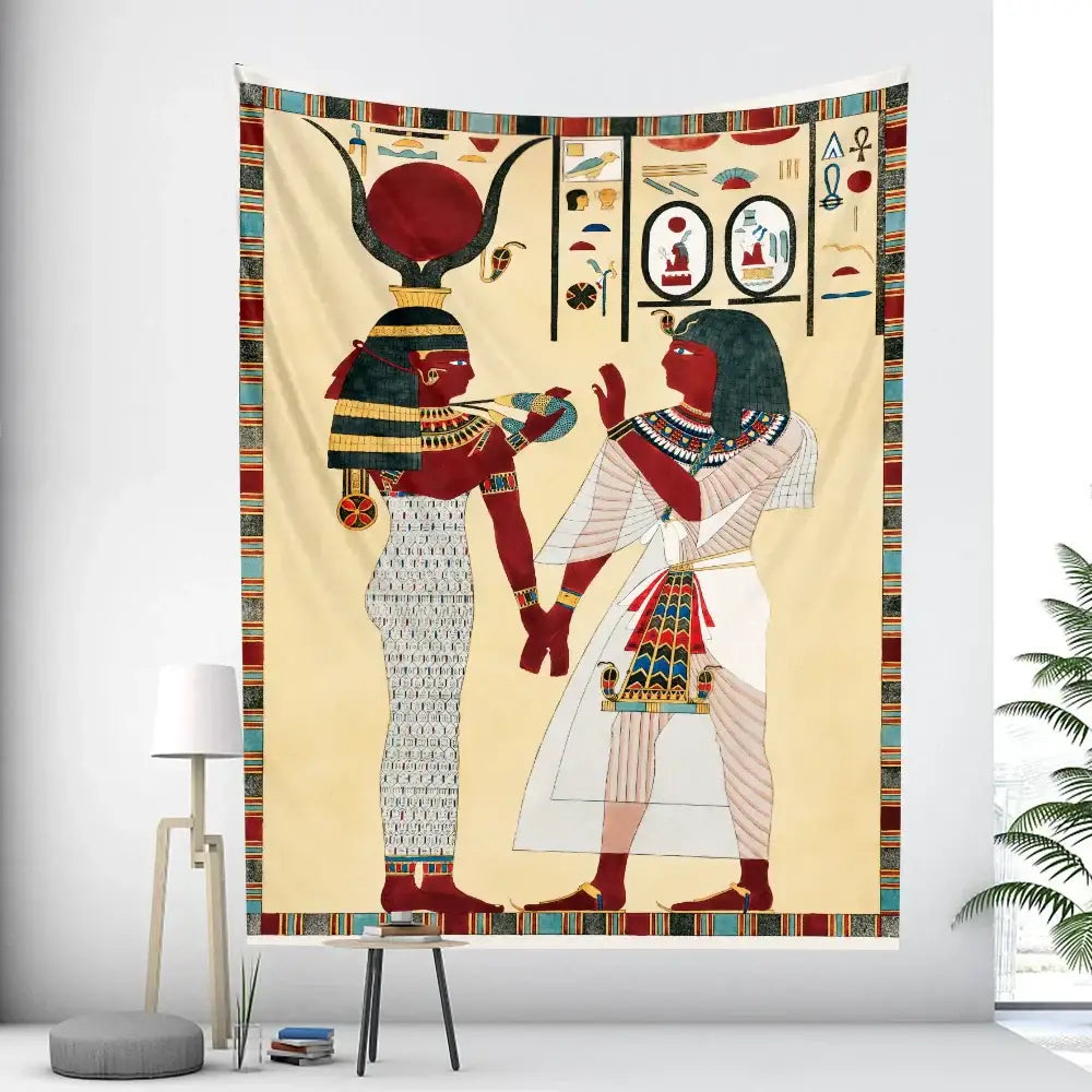 Cream-colored egyptian mural tapestry featuring two stylized figures in traditional attire with intricate hieroglyphics
