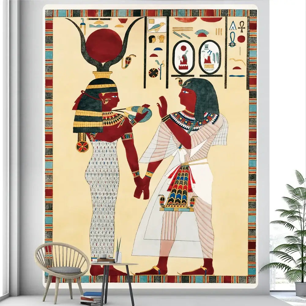 Bohemian gold and red egyptian mural tapestry featuring two traditional figures with hieroglyphic designs for yoga room