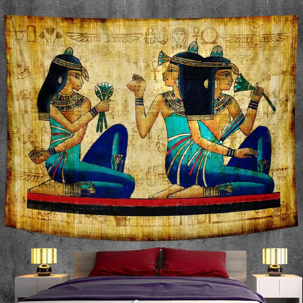 Bohemian gold and red egyptian mural tapestry featuring two women in turquoise and blue traditional attire on beige background