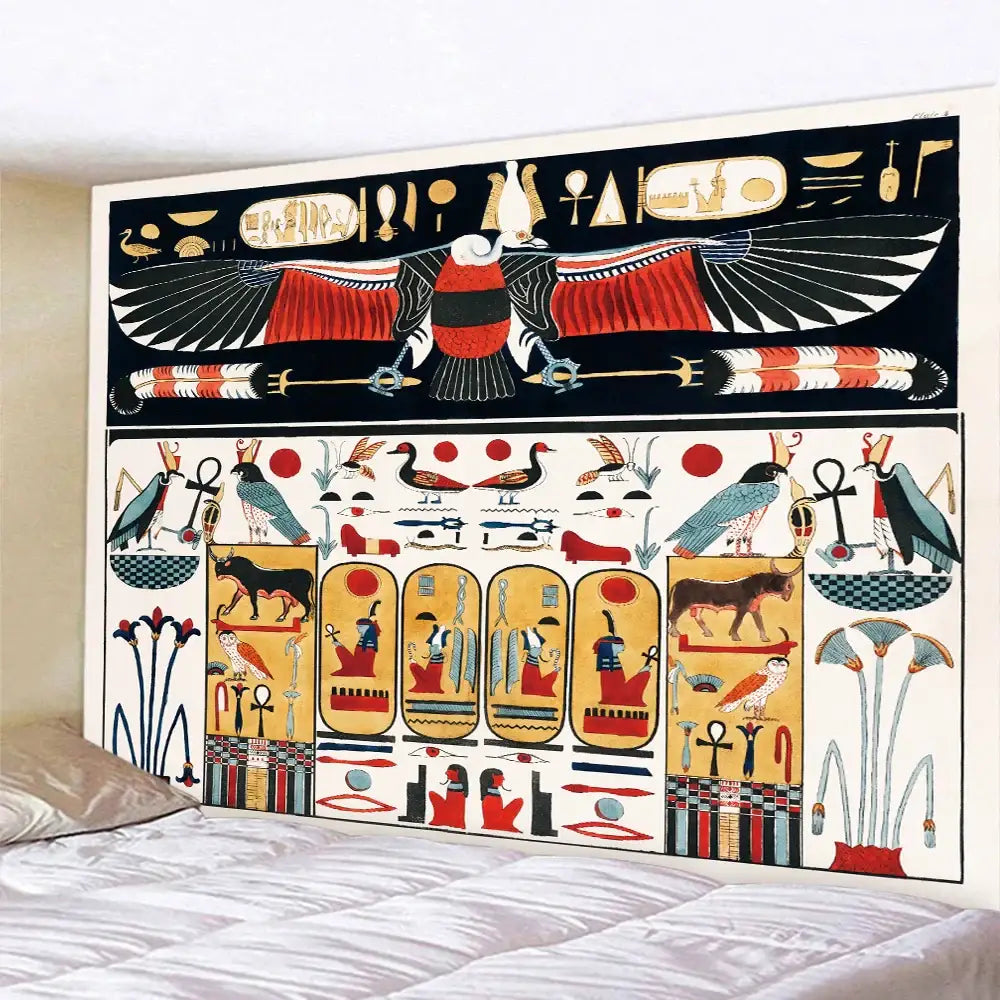 Bohemian gold and red egyptian mural tapestry with bold hieroglyphic designs on cream background for yoga or bedroom