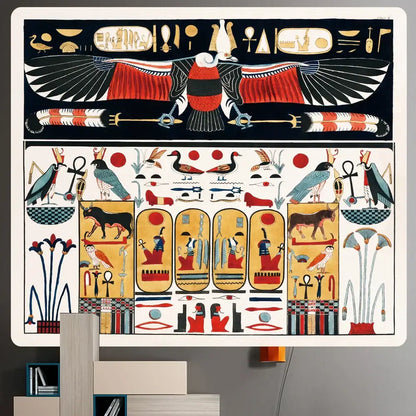 A vibrant bohemian gold and red egyptian mural tapestry featuring a winged scarab on a dark background for yoga