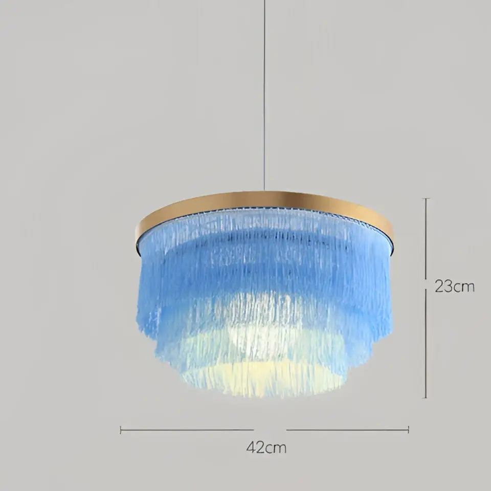 Blue cascading fringe pendant tiered chandelier with gold-toned circular frame decorbites bohemian gold lighting