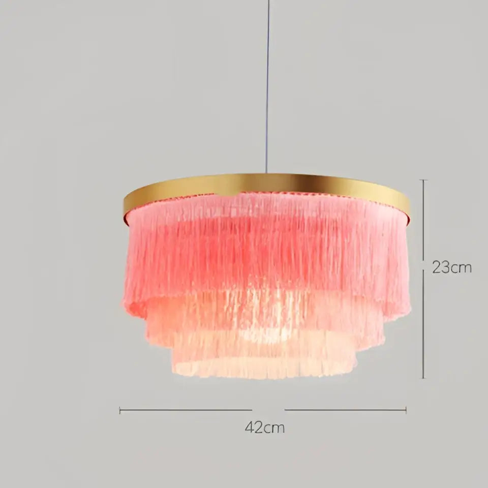 Pink tiered chandelier with gold-toned circular frame from decorbites bohemian gold tiered bedroom light collection