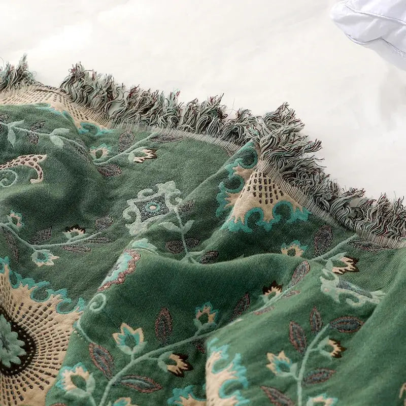 Bohemian green floral cotton throw blanket with fringed edges and intricate embroidery for sofa or bed decorbites bohemian cotton