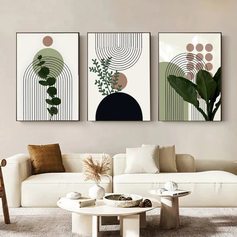 Bohemian Green Leaves Canvas Wall Art Trio - Posters
