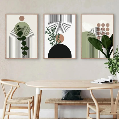 Bohemian Green Leaves Canvas Wall Art Trio - Posters
