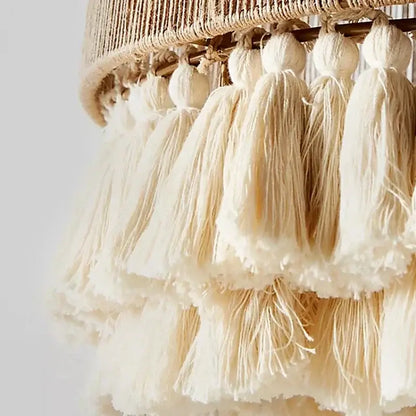 Beige macrame tassel pendant light with layered fluffy fringe bohemian hemp rope by decorbites for dining room use
