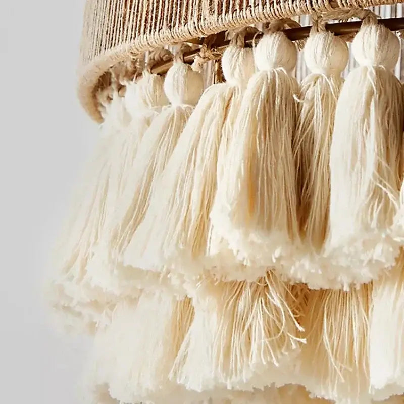 Beige macrame tassel pendant light with layered fluffy fringe bohemian hemp rope by decorbites for dining room use