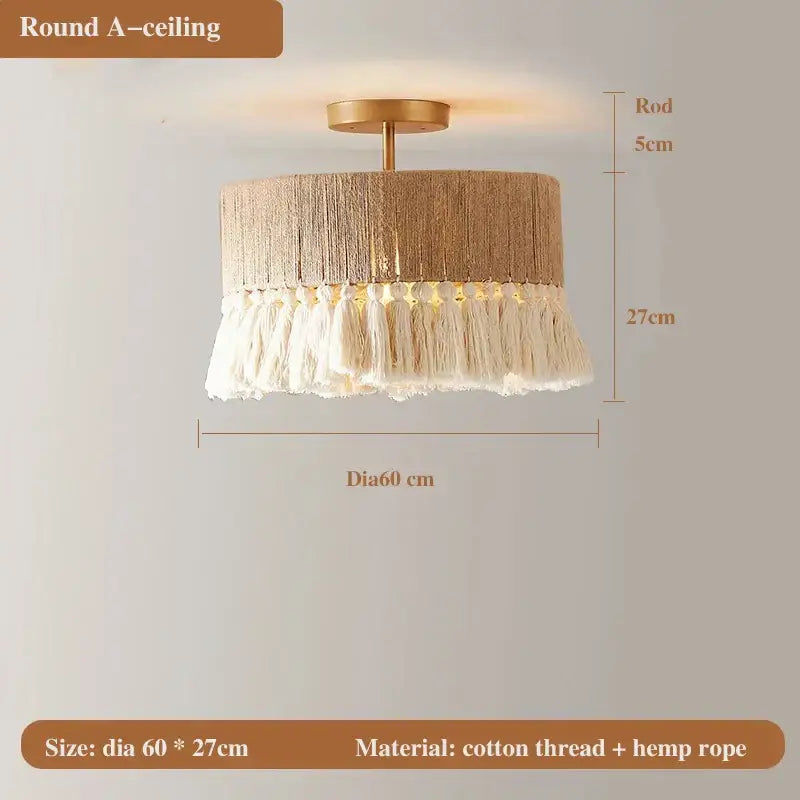 Round ceiling-mounted pendant light with beige bohemian hemp rope shade and white tassels by decorbites bohemian hemp