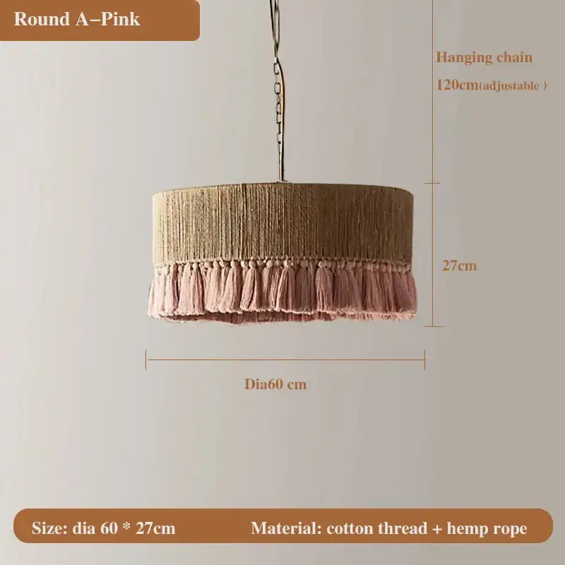 Round pink tassel pendant light with woven cotton thread and bohemian hemp rope decorbites bohemian hemp style