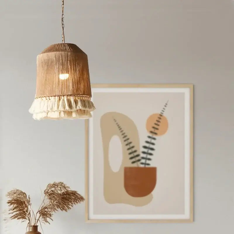 Beige woven pendant light with bohemian hemp rope and tassel fringe from decorbites for dining room decor